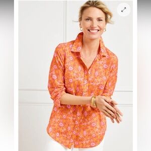 Talbots Floral Button Down Shirt - Orange and Pink Cotton Sz Large